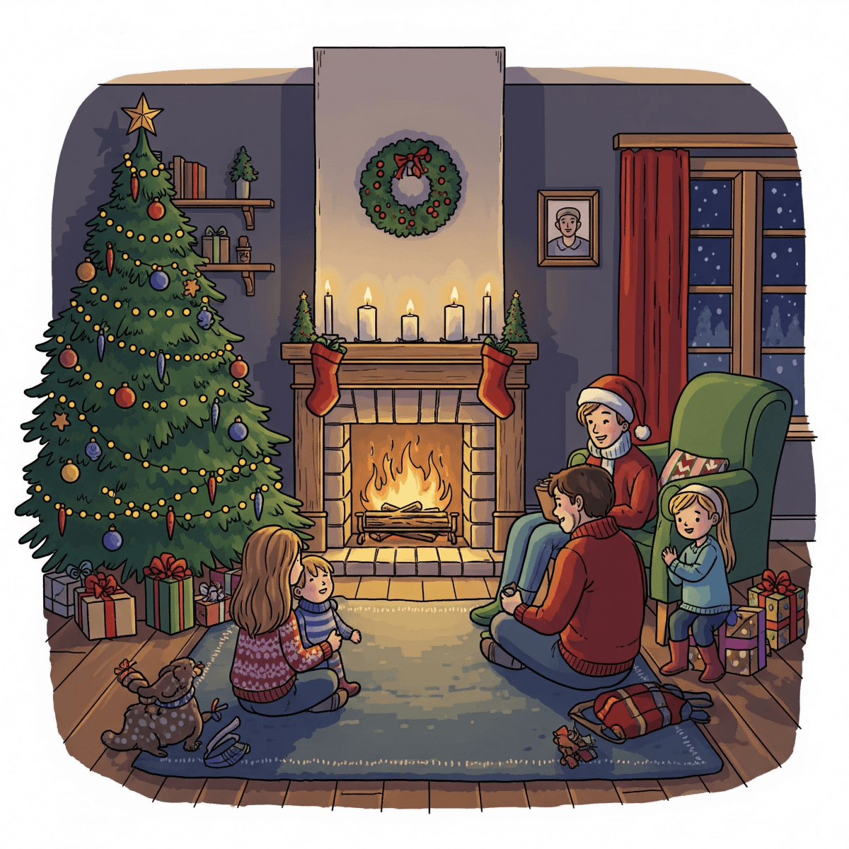 Illustration: Familie sitzt gem&uuml;tlich am Kamin. Im Hintergrund steht ein &uuml;ppiger Weihnachtsbaum mit Geschenken